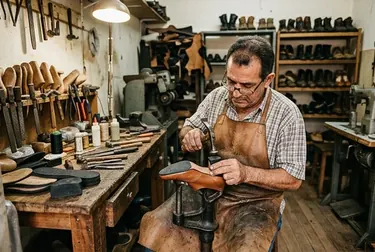 Sapateiro trocando o salto de um sapato, com foco nas ferramentas.